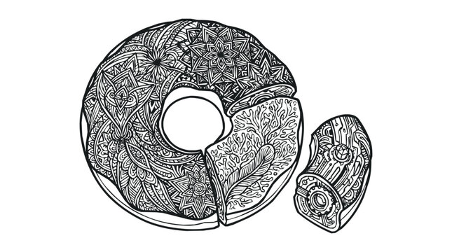 Intricate zentangle donut with a detailed mandala pattern and a cut slice for an adult coloring page and creative relaxation