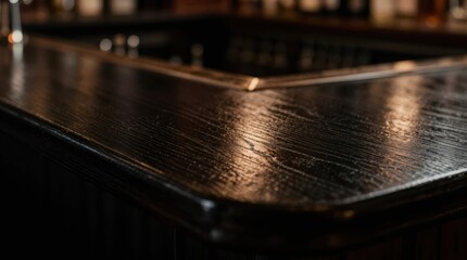 Obraz premium Black wooden bar top shines under warm light in a busy tavern during the evening