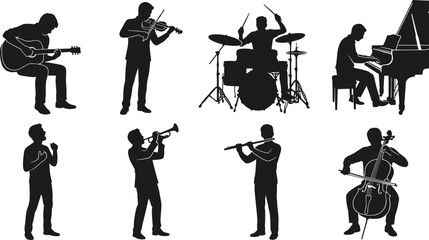 Musician Silhouette Collection Featuring Guitar, Violin, Drums, Piano, Trumpet, Flute, Cello, and Vocal Performance Illustrations © GeetaRani