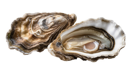 Two fresh oysters one opened revealing succulent meat, on white © Lukas
