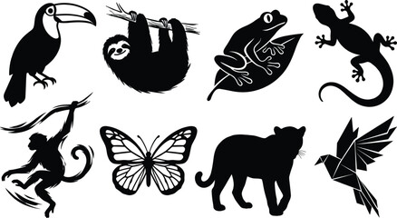 Rainforest wildlife animal silhouettes collection with toucan sloth frog monkey butterfly jaguar and hummingbird © GeetaRani