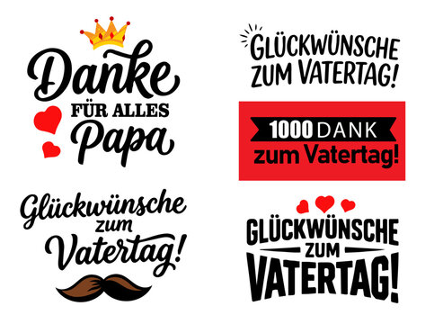 German Father's Day greeting badges set vector. Typographic stickers collection with hearts, mustache and crown.