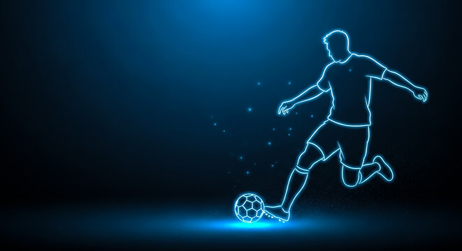 Illustrative stock image of a soccer player in action, kicking a ball with a glowing blue neon effect against a dark background.