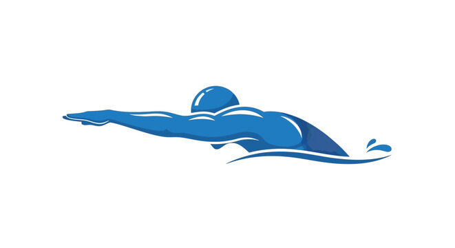 Dynamic blue silhouette of a person swimming freestyle in water with splashes