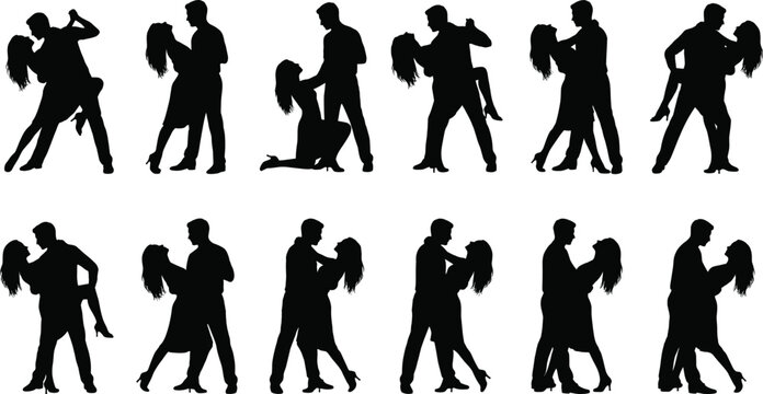 Silhouette illustration of dancing couples performing romantic and energetic moves representing love, rhythm, and social dance concept