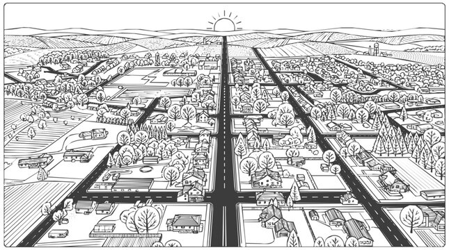 Detailed black and white line art illustration of a quiet suburban town landscape featuring a long straight road heading toward a morning sunrise