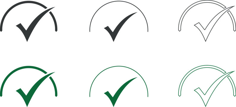 Check mark icon set black and green variations line art and solid fill styles