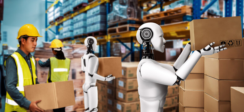 Innovative industry robot working in warehouse together with human worker . Concept of artificial intelligence for industrial revolution and automation manufacturing process .