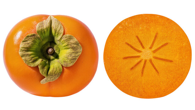 Whole and sliced ripe persimmon fruit with green leaves