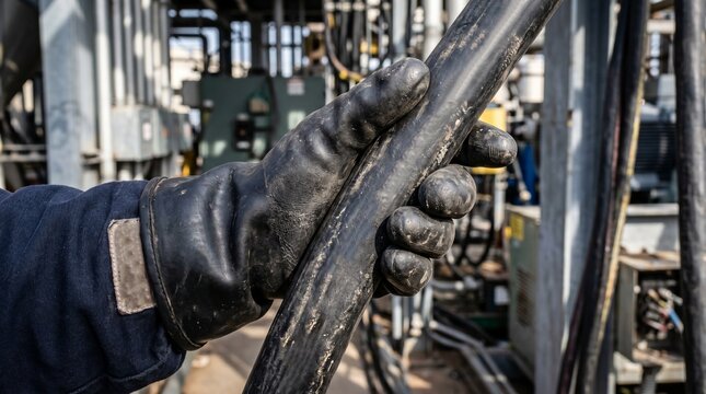 Manos con guantes diel&eacute;ctricos manipulando cable el&eacute;ctrico