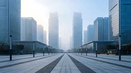 Fototapeta premium plaza. Expansive urban plaza with modern architecture softened by morning mist. real-estate listings, architecture portfolios, designed for real-estate listing and luxury residence showcases.