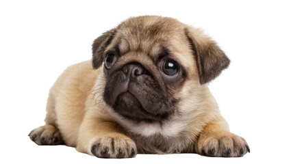 Fototapeta premium Cute fawn pug puppy lying down with big eyes