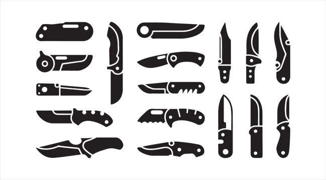 Pocket knife collection featuring folding blades, camping equipment icons and modern vector cutting tool pictograms