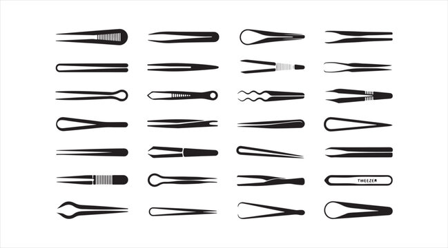 Modern tweezer and forceps symbol pack with laboratory, cosmetic and technical equipment vector pictograms