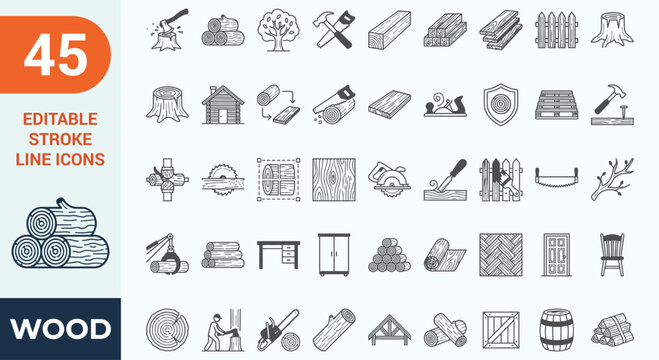 wood icon set. Outline Icon Collection. Editable stroke. Vector illustration	