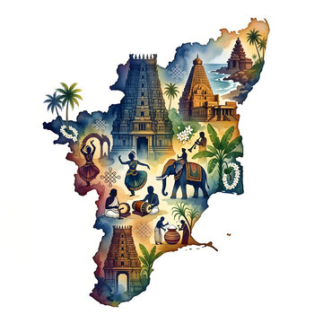 Tamilnadu day and cultural heritage map in watercolor on background.