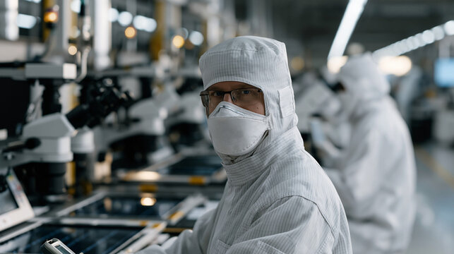 Quantum dot display technology pilot production line runs inside a flat panel manufacturing facility during golden-hour shift changeover, quality engineers using