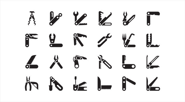 Workshop equipment symbol pack with pliers, crimpers, clamps and maintenance tool icons isolated on white background
