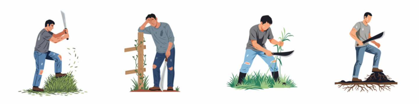 Set of four illustrations showing a man using a machete for hard agricultural labor, clearing grass and roots while exhibiting physical exhaustion.