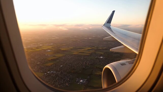 Airplane wing and engine view through a window over a city at sunset golden hour sky