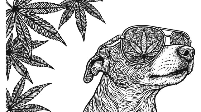 Cool dog wearing sunglasses with cannabis and marijuana weed leaf pattern in a detailed line art illustration