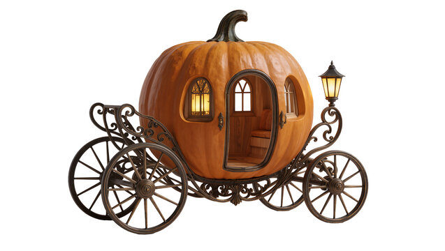 Pumpkin carriage with ornate wheels and lantern