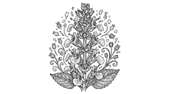 Vintage Botanical Illustration of a Flowering Herb plant featuring detailed hand-drawn engraving of medicinal blooms and organic foliage