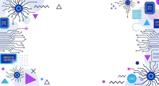 Digital technology background with binary code circuit boards and electronic diagrams.