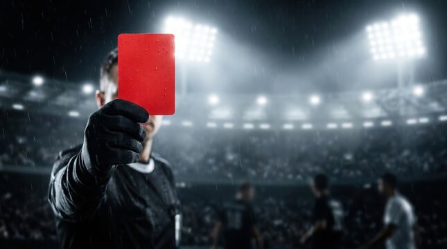 Soccer referee holding up a red card during a match in a crowded stadium at night.