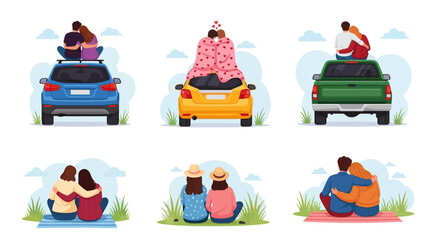 Fototapeta premium People sitting on cars and in grass, relaxed outdoor scenes, illustrations for travel and leisure