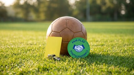 Fototapeta premium Vintage leather soccer ball with yellow card whistle and fair play badge on grass field.