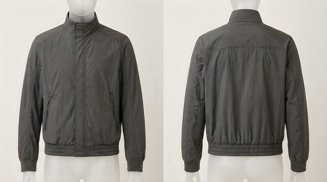 Front and back view of a grey mens casual bomber jacket