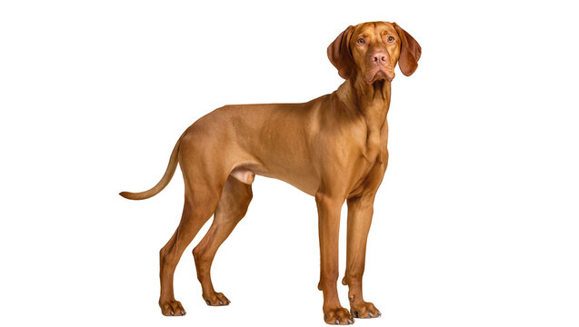 Vizsla dog standing profile view on white