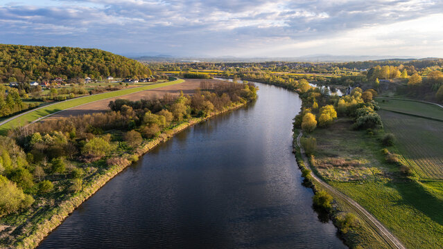 Aerial view of the Vistula River in Poland at sunset in spring