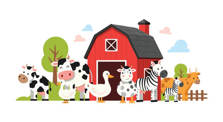Fototapeta premium Diverse group of friendly animals including cows, ducks, and zebras gathered in front of a classic red farm barn in a green countryside.