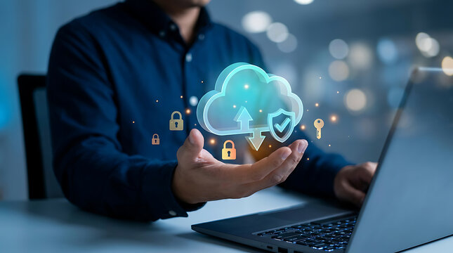 Businessman interacting with a virtual cloud computing interface for secure data storage and protection