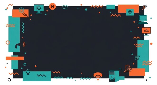 Dark background with orange and teal rectangular blocks and computer technology flat icons.