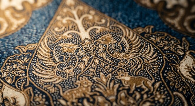 Intricate Macro Detail of Javanese Royal Batik Semen Rama Pattern with Rich Fabric Texture