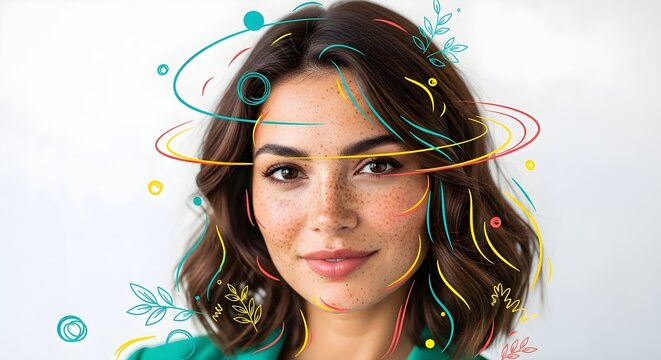 Young Woman with Freckles and Abstract Colorful Swirls and Leaves