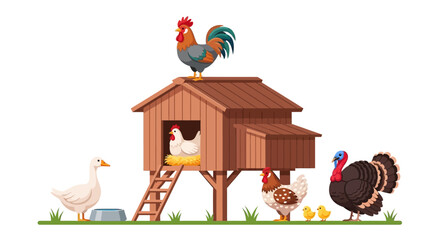 Farm animals around wooden coop, rooster on top, cartoon style, agriculture concept, farm background © Adam
