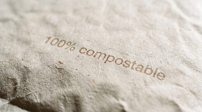Text stating 100 percent compostable printed on textured recycled paper packaging