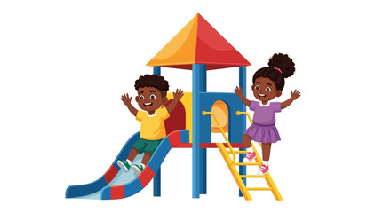 Fototapeta premium African american kids playing on colorful playground, fun childhood concept, kids activities background