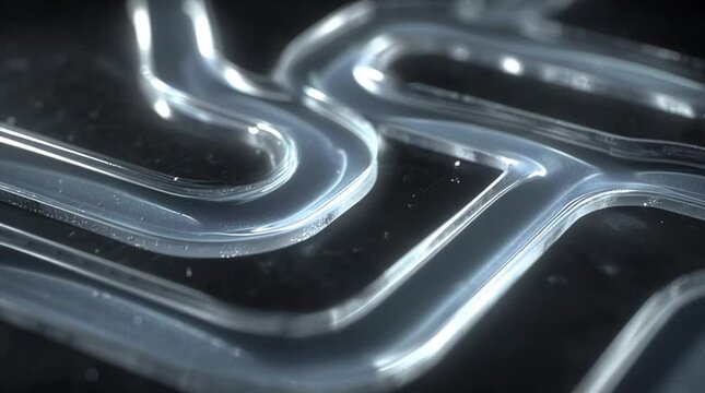 Macro view of liquid flowing through intricate microfluidic channels. Smooth movement, precise engineering, and clean scientific aesthetics create a futuristic laboratory atmosphere.