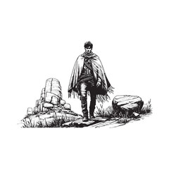Obraz premium A man in a cape standing on a rocky outcrop isolated on white background