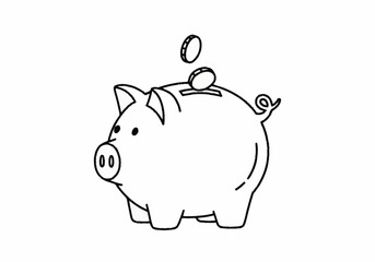 Simple line art drawing of a piggy bank with coins dropping in. © ArtNote
