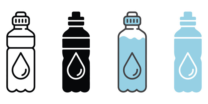 Water bottle icon set, hydration app interface symbols, drinking water container icons, beverage packaging graphics, clean vector design.