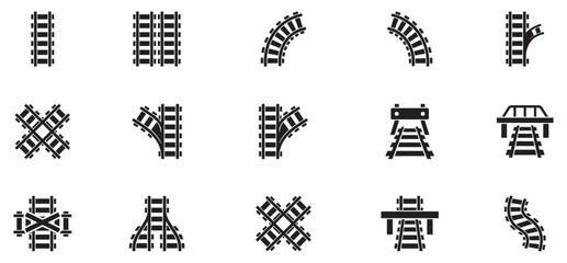 Railway track icon set. Railroad turn, curve and crossing symbols. Train pathway layout elements. Vector illustration. Vector Graphic. EPS 10 © Jeremy_Show