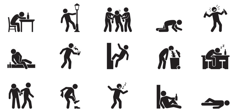 Drunk man icon set. Alcoholism, hangover and bad habits symbols. Vomiting, sleeping, falling and shouting stick figure silhouettes. Vector illustration. Vector Graphic. EPS 10