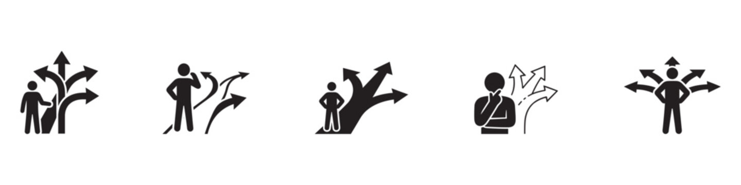 Man choosing direction icon set. Making decision, career path and strategy symbols. Crossroad arrows and confused stick figure signs. Vector illustration. Vector Graphic. EPS 10