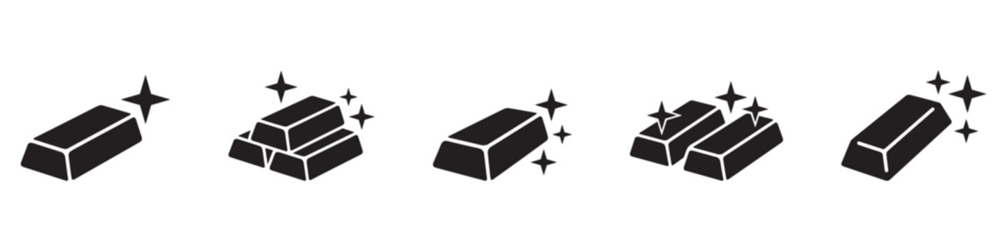 Gold bar icon set. Golden ingot, wealth and financial success symbols. Shiny precious metal bars with sparkles. Vector illustration. Vector Graphic. EPS 10